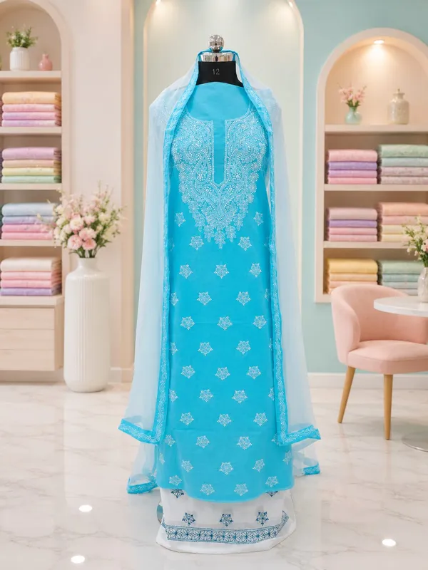 Sky_Blue_Cotton_Suit_Piece_With_Contrast_Bottom_Chiffon_Dupatta