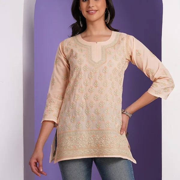 Peach_Hand_Embroidered_Chikan_Cotton_Top_With_Contrast_Thread_Work