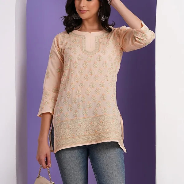 Peach_Hand_Embroidered_Chikan_Cotton_Top_With_Contrast_Thread_Work