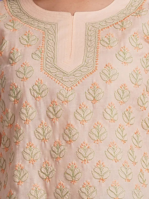 Peach_Hand_Embroidered_Chikan_Cotton_Top_With_Contrast_Thread_Work