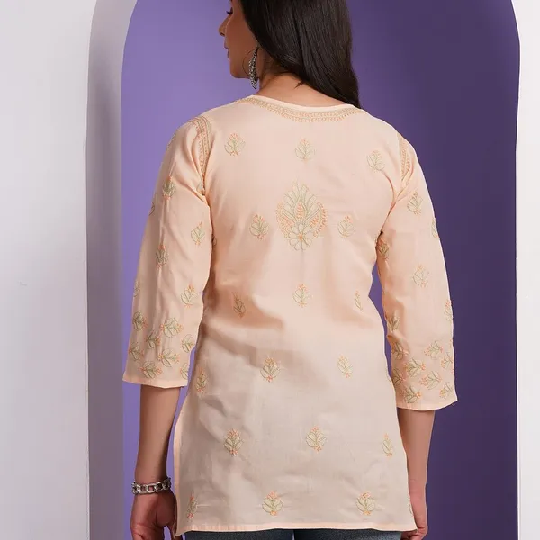 Peach_Hand_Embroidered_Chikan_Cotton_Top_With_Contrast_Thread_Work