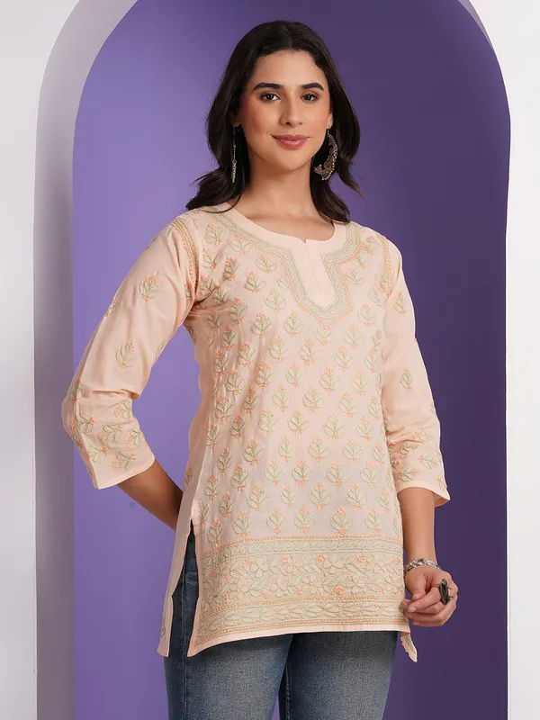 Peach_Hand_Embroidered_Chikan_Cotton_Top_With_Contrast_Thread_Work