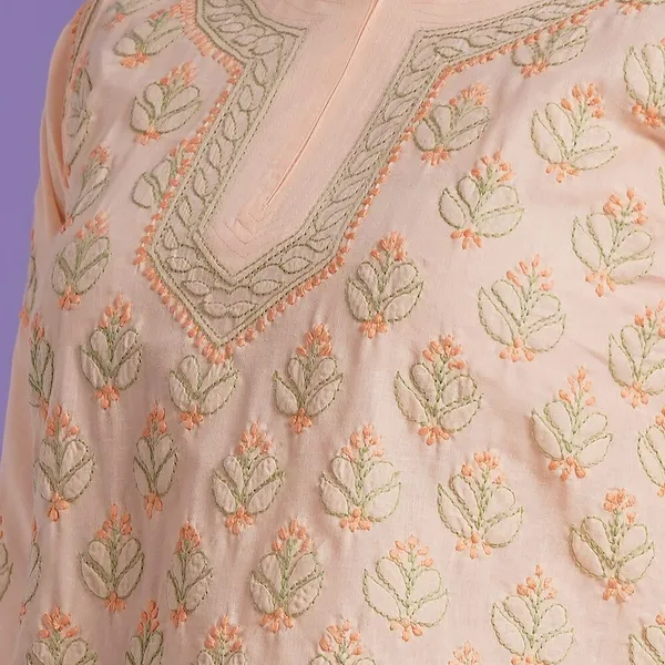 Peach_Hand_Embroidered_Chikan_Cotton_Top_With_Contrast_Thread_Work