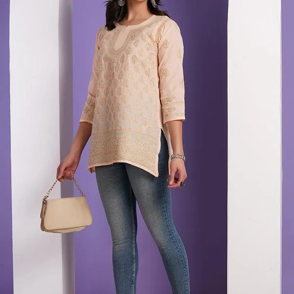 Peach_Hand_Embroidered_Chikan_Cotton_Top_With_Contrast_Thread_Work