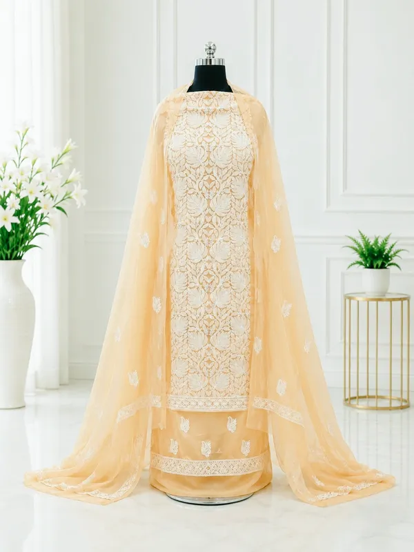 Light_Fawn_Hand_Embroidered_Soft_Chiffon_Unstitched_Leaf_Chikankari_Suit_Set_With_Dupatta