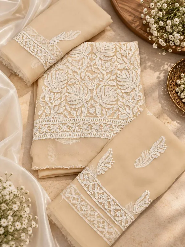 Light_Fawn_Hand_Embroidered_Soft_Chiffon_Unstitched_Leaf_Chikankari_Suit_Set_With_Dupatta