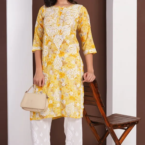 Lemon_Yellow_Handcrafted_Chikan_Floral_Print_Mul_Cotton_Kurti