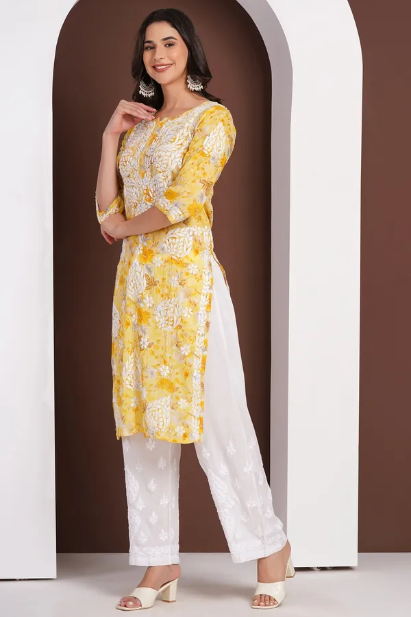 Lemon_Yellow_Handcrafted_Chikan_Floral_Print_Mul_Cotton_Kurti