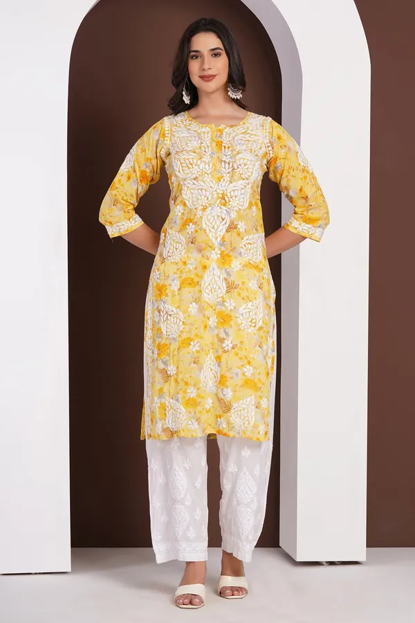 Lemon_Yellow_Handcrafted_Chikan_Floral_Print_Mul_Cotton_Kurti