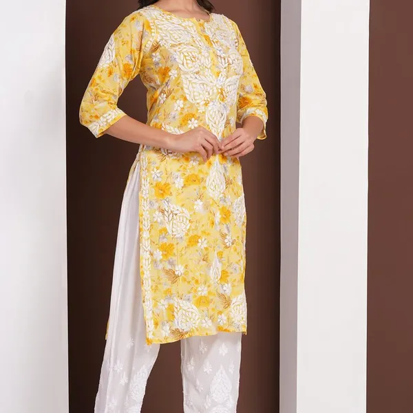 Lemon_Yellow_Handcrafted_Chikan_Floral_Print_Mul_Cotton_Kurti