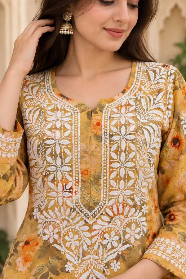 Yellow_Handcrafted_Lucknowi_Chikan_Cotton_Kurti_Set