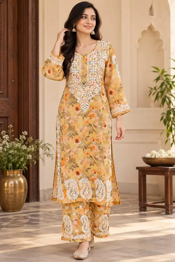 Yellow_Handcrafted_Lucknowi_Chikan_Cotton_Kurti_Set