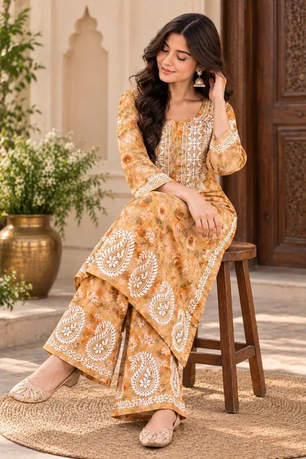 Yellow_Handcrafted_Lucknowi_Chikan_Cotton_Kurti_Set