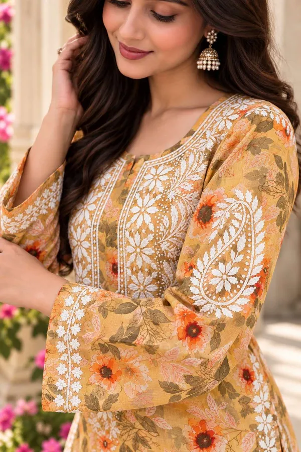 Yellow_Handcrafted_Lucknowi_Chikan_Cotton_Kurti_Set