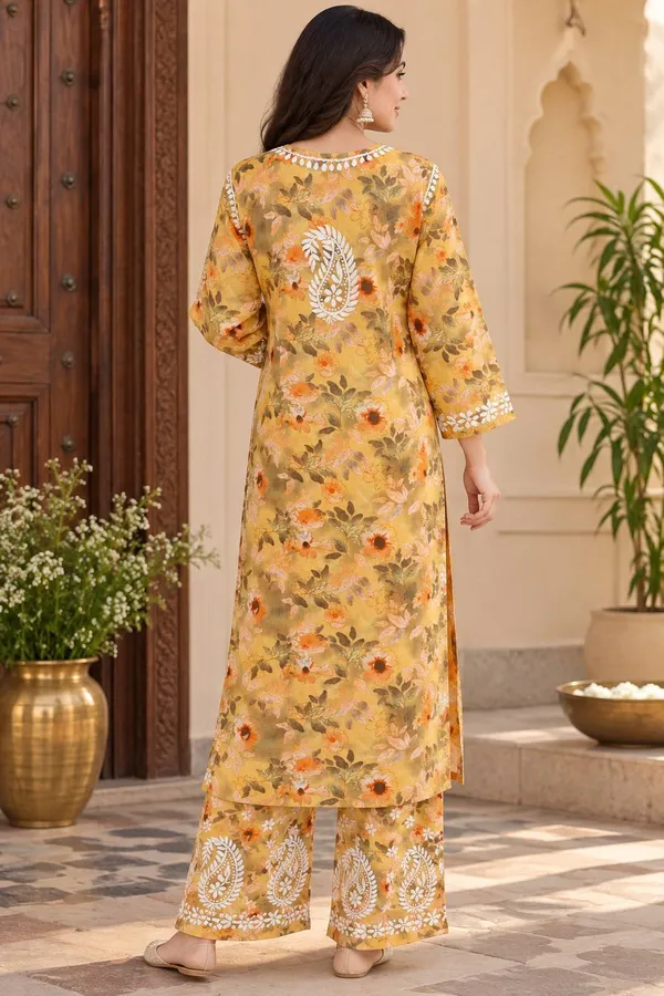 Yellow_Handcrafted_Lucknowi_Chikan_Cotton_Kurti_Set