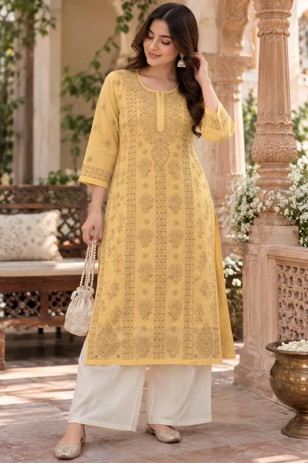 Yellow_Handcrafted_Lucknowi_Chikan_Aabha_Cotton_Kurti