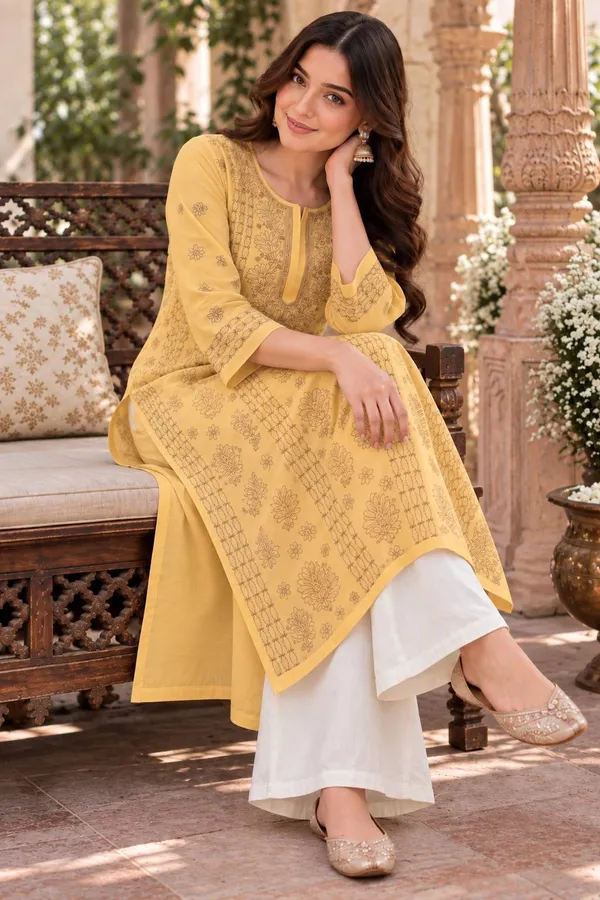 Yellow_Handcrafted_Lucknowi_Chikan_Aabha_Cotton_Kurti