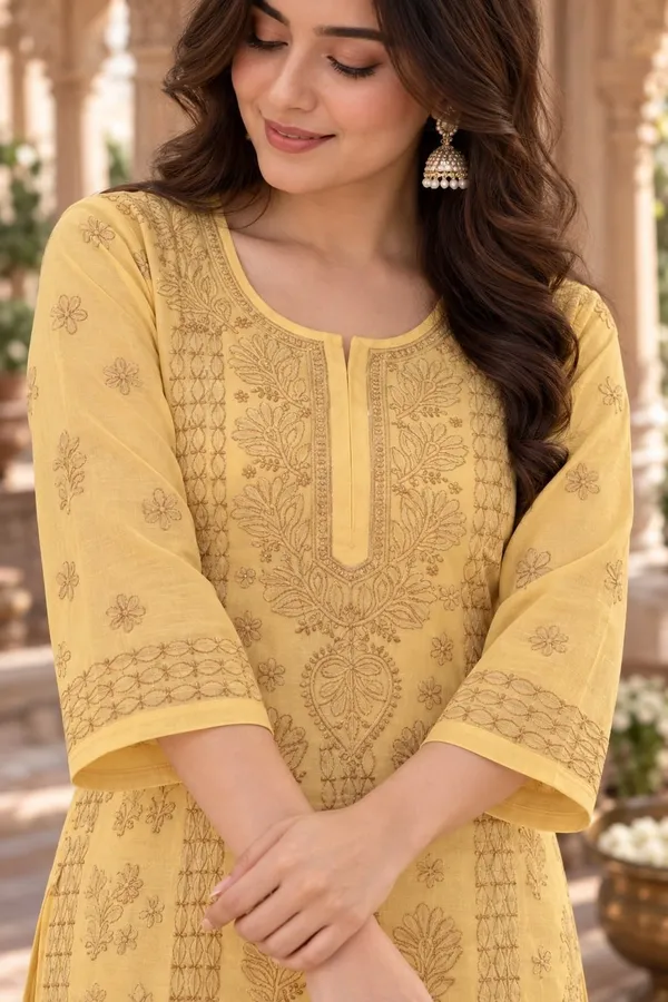 Yellow_Handcrafted_Lucknowi_Chikan_Aabha_Cotton_Kurti