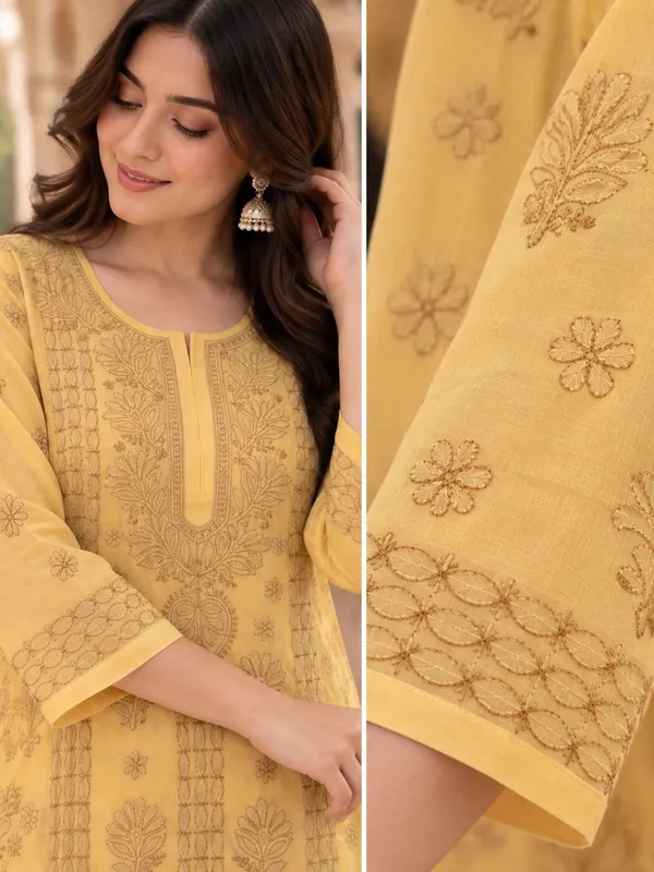 Yellow_Handcrafted_Lucknowi_Chikan_Aabha_Cotton_Kurti