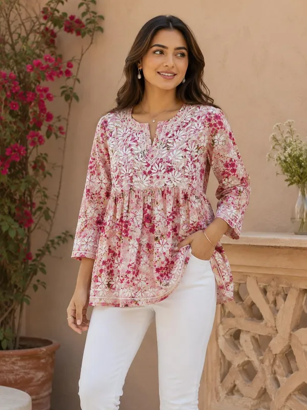 Blush_Pink_Floral_Handcrafted_Lucknowi_Chikan_Cotton_Short_Top