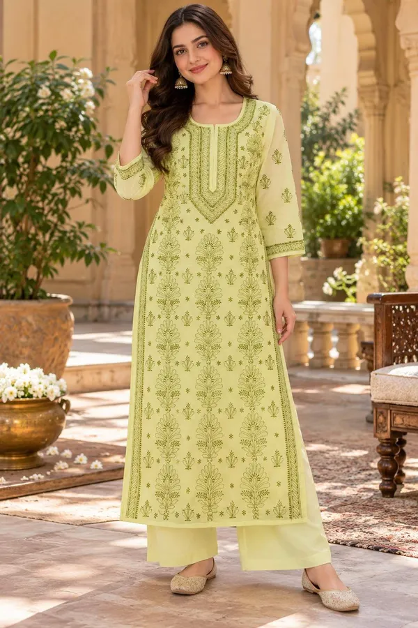 Lemon_Yellow_Hand_Embroidered_Chikan_Cotton_Kurti