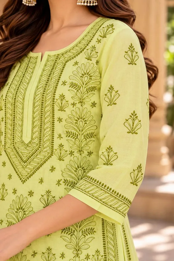 Lemon_Yellow_Hand_Embroidered_Chikan_Cotton_Kurti