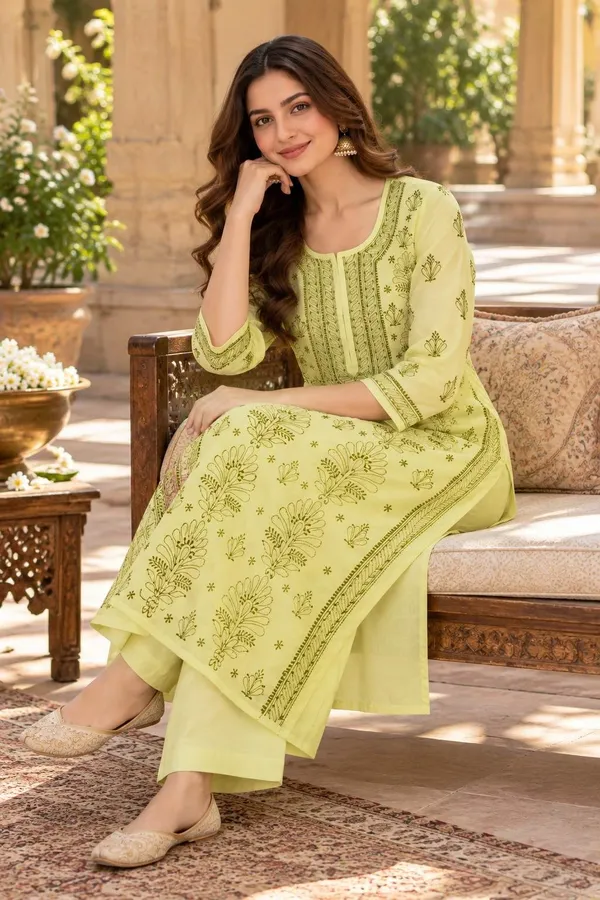 Lemon_Yellow_Hand_Embroidered_Chikan_Cotton_Kurti
