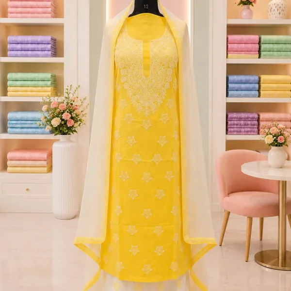 Golden_Yellow_Cotton_Suit_Piece_With_Contrast_Bottom_Chiffon_Dupatta