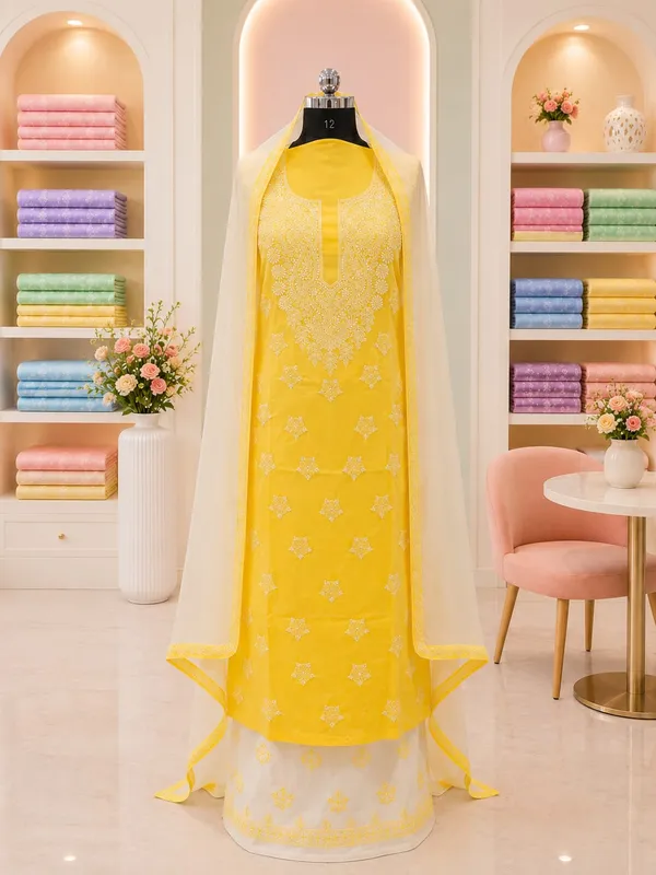 Golden_Yellow_Cotton_Suit_Piece_With_Contrast_Bottom_Chiffon_Dupatta