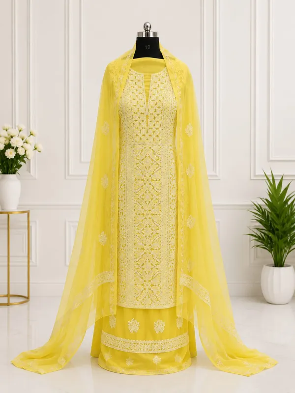 Lemon_Yellow_Suit_Piece_Chiffon_Jaal_With_Dupatta