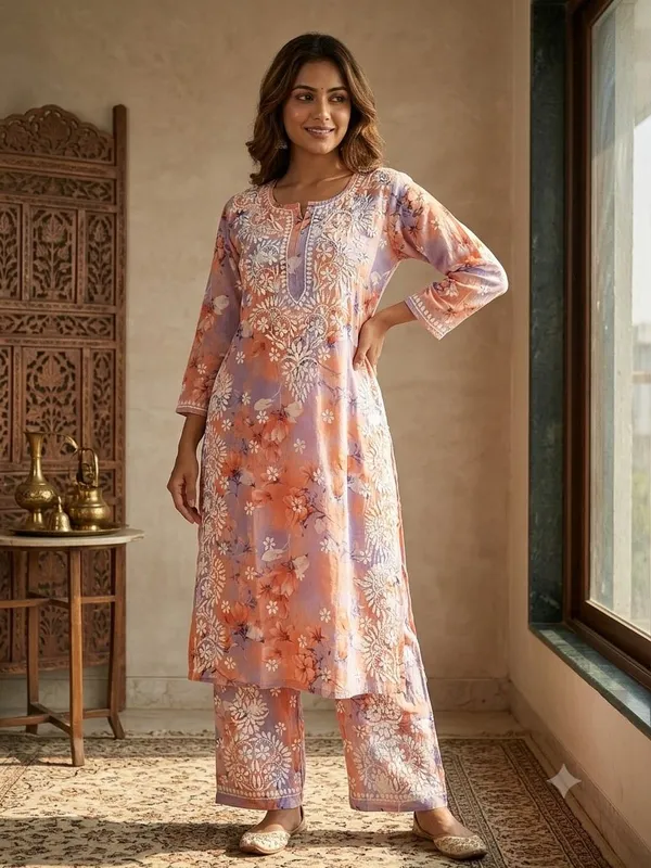 Peachy_Coral_With_Lavender_Hand_Embroidered_Lucknowi_Chikankari_Floral_Cotton_Kurti_Palazzo_Set