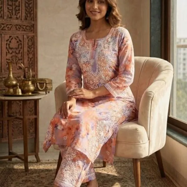 Peachy_Coral_With_Lavender_Hand_Embroidered_Lucknowi_Chikankari_Floral_Cotton_Kurti_Palazzo_Set