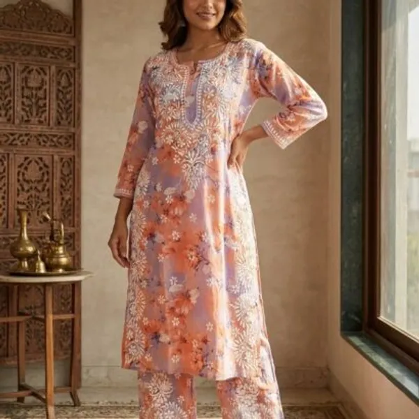 Peachy_Coral_With_Lavender_Hand_Embroidered_Lucknowi_Chikankari_Floral_Cotton_Kurti_Palazzo_Set