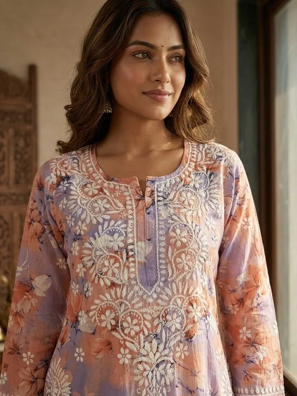 Peachy_Coral_With_Lavender_Hand_Embroidered_Lucknowi_Chikankari_Floral_Cotton_Kurti_Palazzo_Set