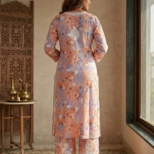 Peachy_Coral_With_Lavender_Hand_Embroidered_Lucknowi_Chikankari_Floral_Cotton_Kurti_Palazzo_Set