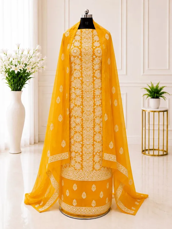 Golden_Yellow_Hand_Embroidered_Soft_Chiffon_Unstitched_Garth_Chikankari_Suit_Set_With_Dupatta