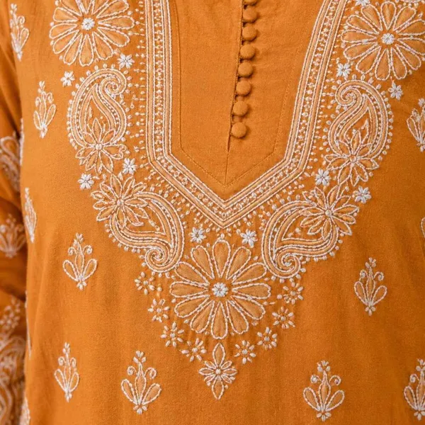 Mustard_Orange_Hand_Embroidered_Lucknowi_Chikankari_Akira_Cotton_Kurti
