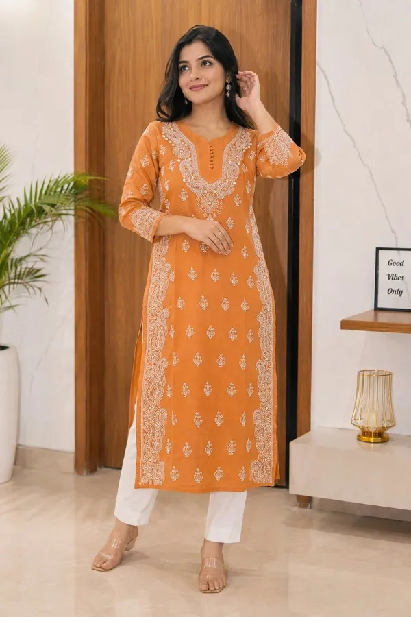 Mustard_Orange_Hand_Embroidered_Lucknowi_Chikankari_Akira_Cotton_Kurti