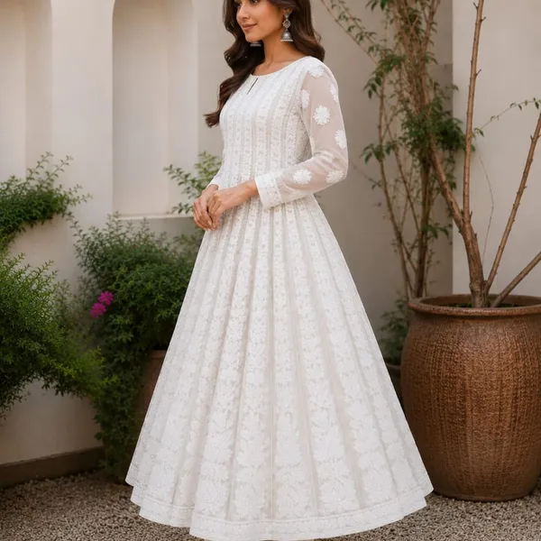 White_Hand_Embroidered_Chikan_Chiffon_Anarkali_With_56Gores