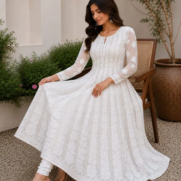 White_Hand_Embroidered_Chikan_Chiffon_Anarkali_With_56Gores
