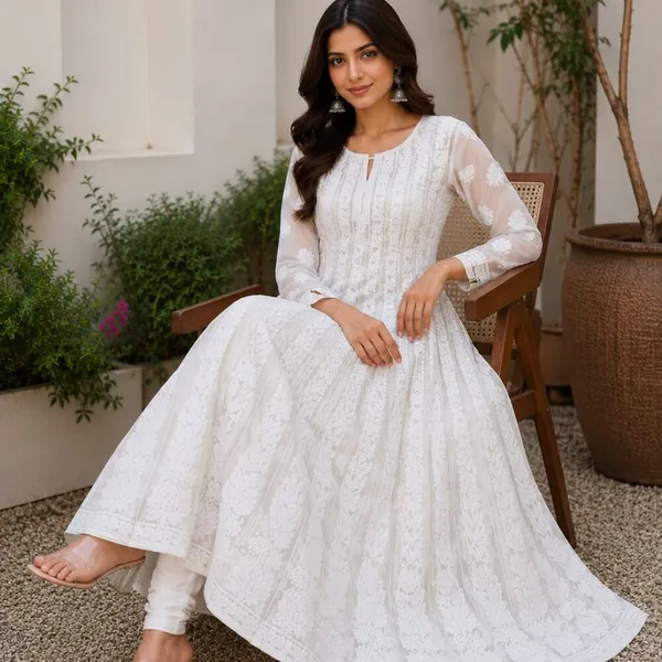 White_Hand_Embroidered_Chikan_Chiffon_Anarkali_With_56Gores