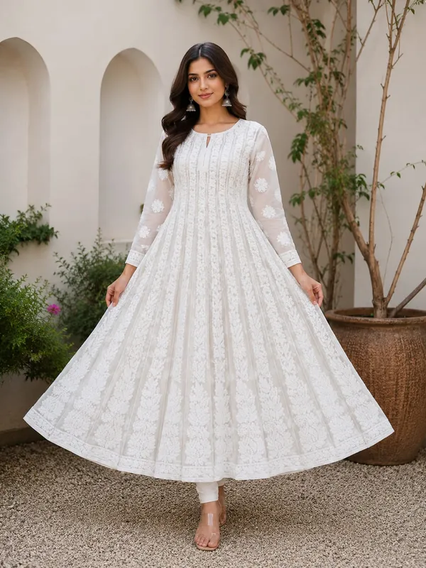 White_Hand_Embroidered_Chikan_Chiffon_Anarkali_With_56Gores