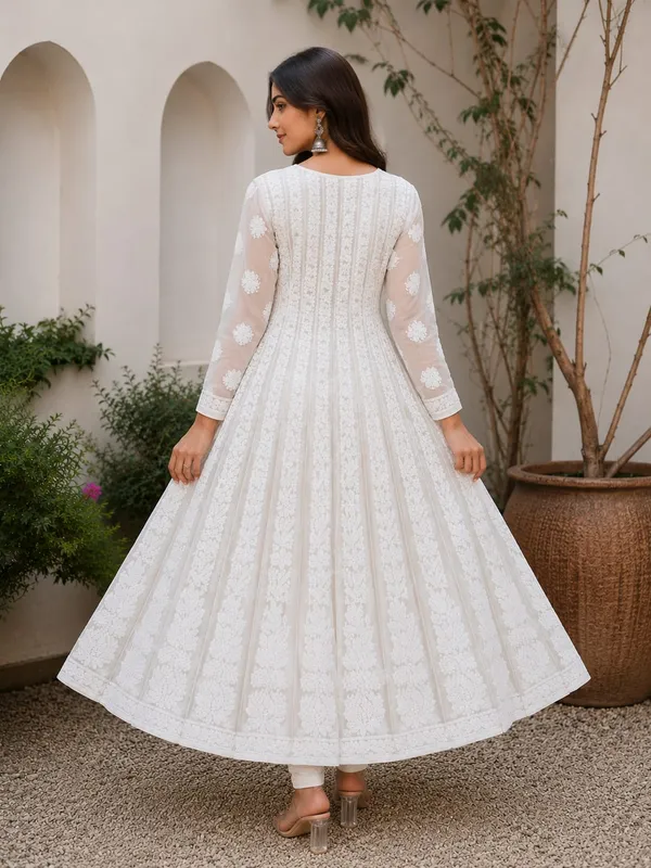 White_Hand_Embroidered_Chikan_Chiffon_Anarkali_With_56Gores