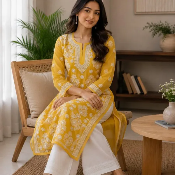 Mustard_Yellow_Hand_Embroidered_Lucknowi_Chikankari_Chiffon_Kurti_With_Full_Buti_Jaal