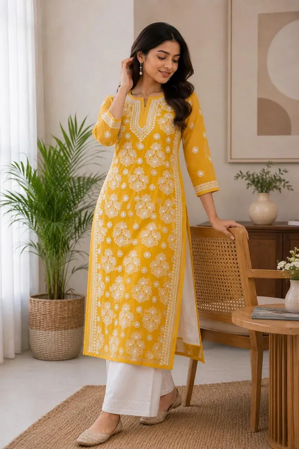 Mustard_Yellow_Hand_Embroidered_Lucknowi_Chikankari_Chiffon_Kurti_With_Full_Buti_Jaal