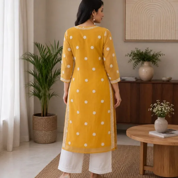 Mustard_Yellow_Hand_Embroidered_Lucknowi_Chikankari_Chiffon_Kurti_With_Full_Buti_Jaal