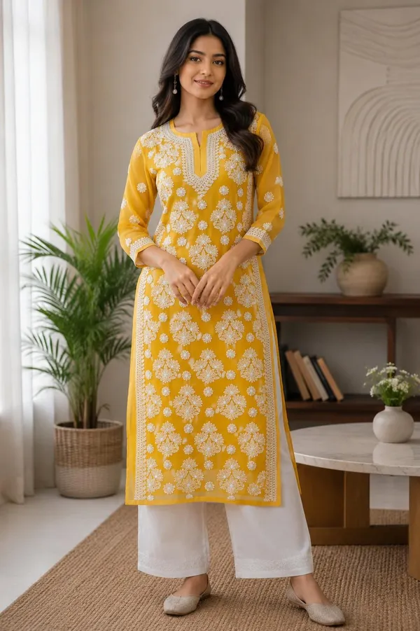 Mustard_Yellow_Hand_Embroidered_Lucknowi_Chikankari_Chiffon_Kurti_With_Full_Buti_Jaal
