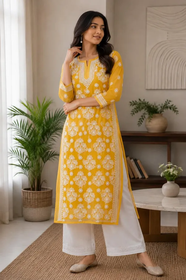 Mustard_Yellow_Hand_Embroidered_Lucknowi_Chikankari_Chiffon_Kurti_With_Full_Buti_Jaal