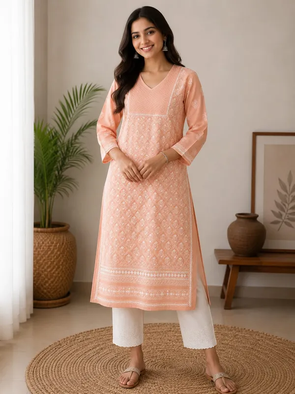 Peach_Kurti_Cotton_Full_Jaal_Work