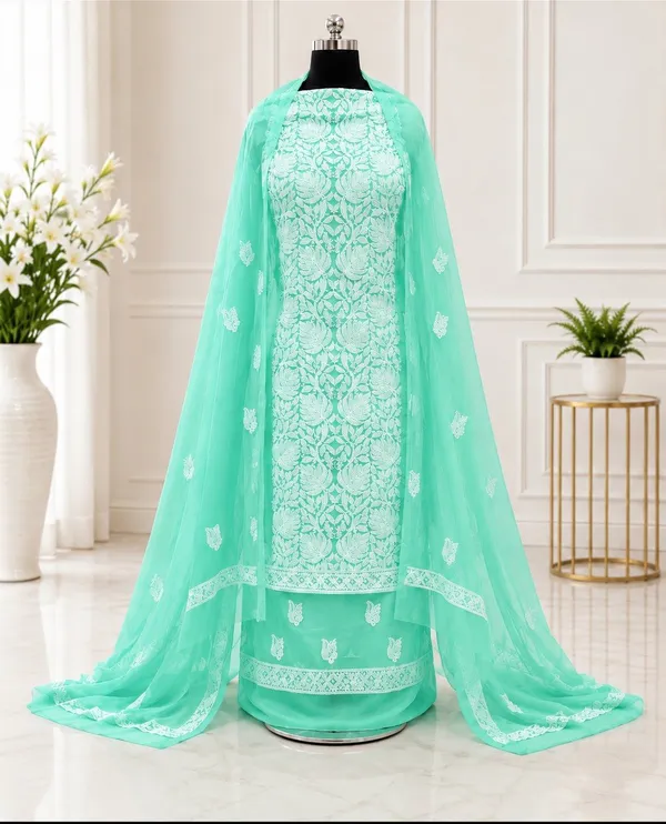 Sea_Green_Hand_Embroidered_Soft_Chiffon_Unstitched_Leaf_Chikankari_Suit_Set_With_Dupatta